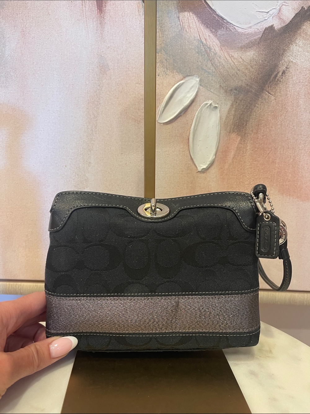 Coach Black Signature Canvas Wristlet with Metallic Stripe Accent